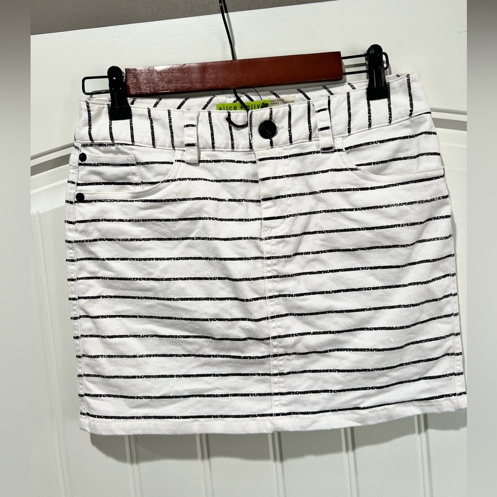 Alice + Olivia black & white striped denim mini skirt.